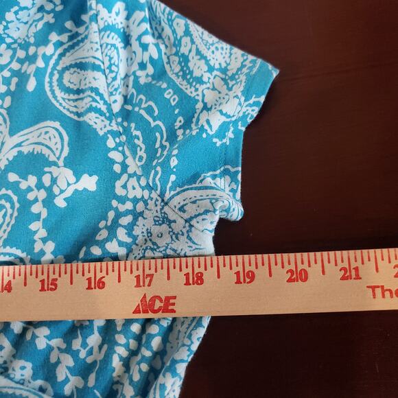 Lands End Paisley Draped Crossover V-Neck Short Sleeve Dress Size M Blue Stretch - Picture 8 of 10